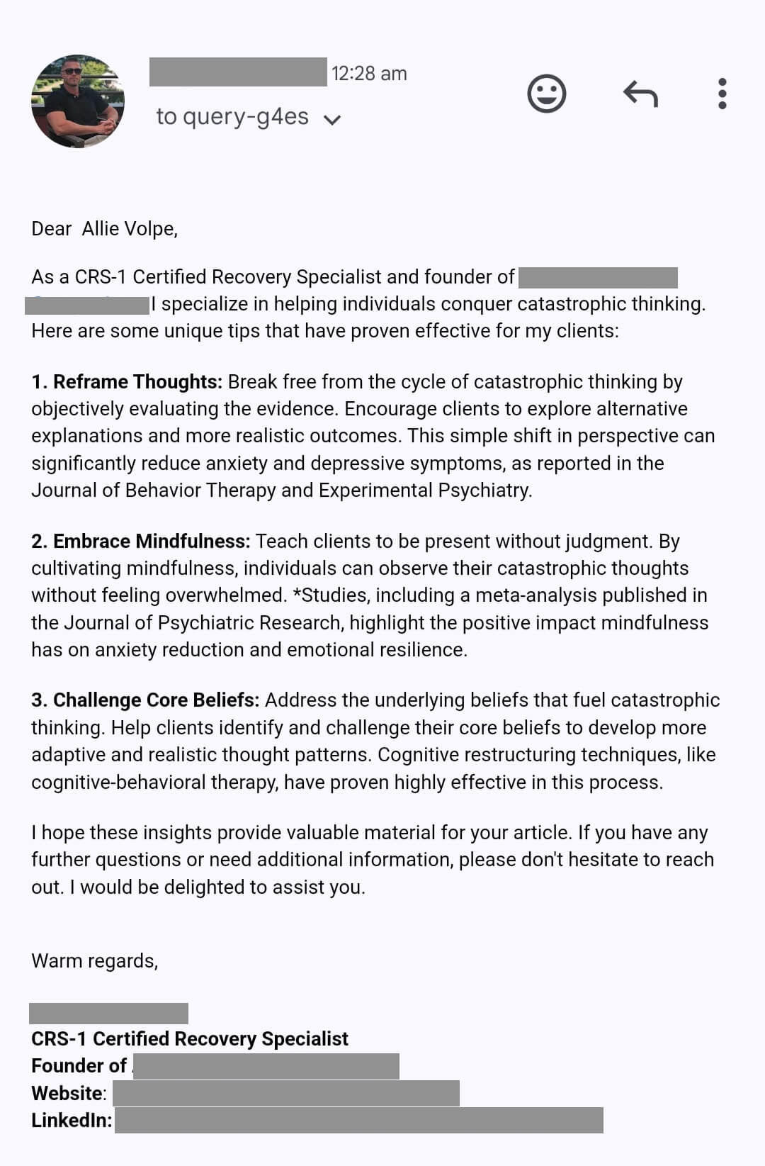 A HARO SEO pitch for a treatment company
