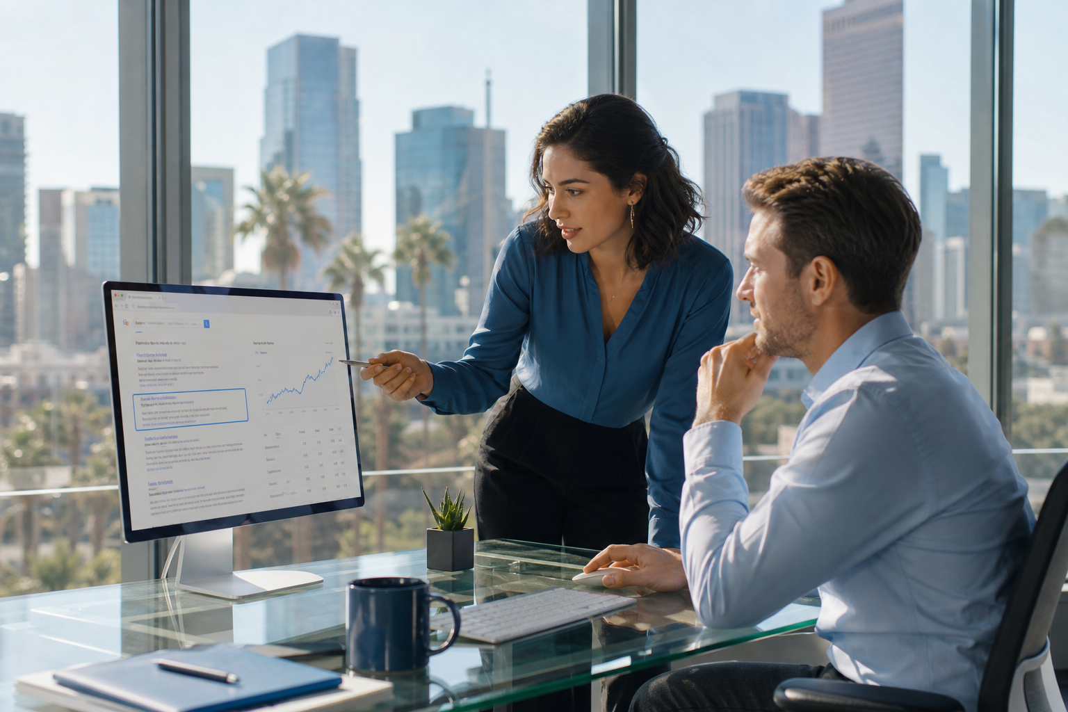 SEO specialists reviewing search rankings in a Los Angeles office